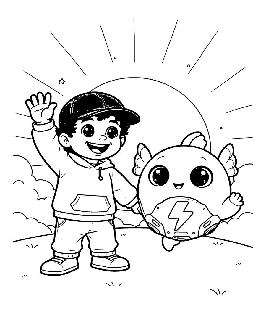 Coloring page: Donald waving hello beside Pixel at sunrise