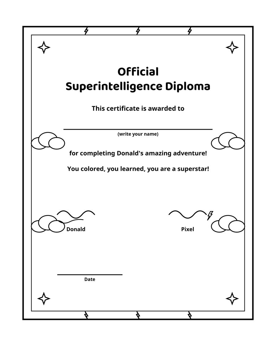 Certificate page: Official Superintelligence Diploma awarded at the end of the book